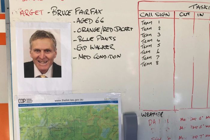 Information board for searchers looking for Bruce Fairfax near Duckhole Lake.